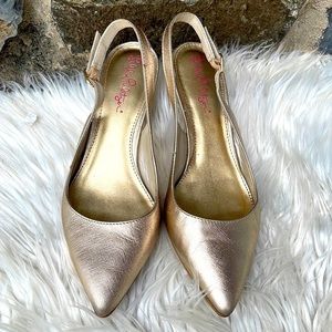 NEW Lilly Pulitzer Gold Leather Kat Kitten Heel Size 6M Slingback Point Toe shoe
